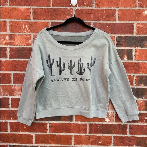 Womens Medium Green Gray Cactus Always On Point Cropped Boho Sweatshirt Sweater - Picture 7 of 7
